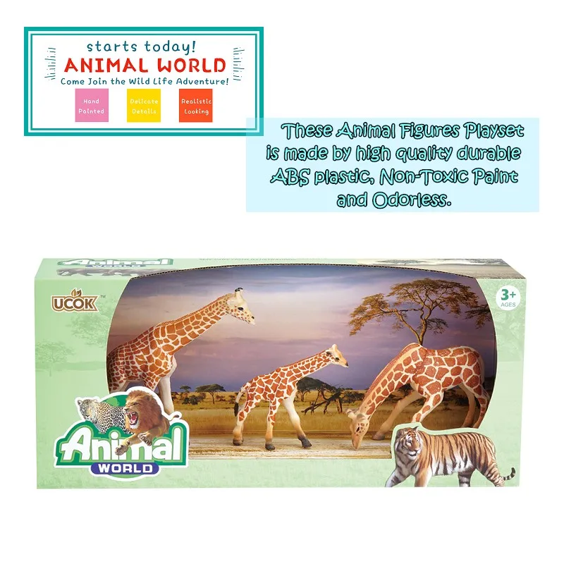 giraffe, Lion, Tiger, Elephant, 4-pieces Animal Figurines in Decorative Box as a Play Scene