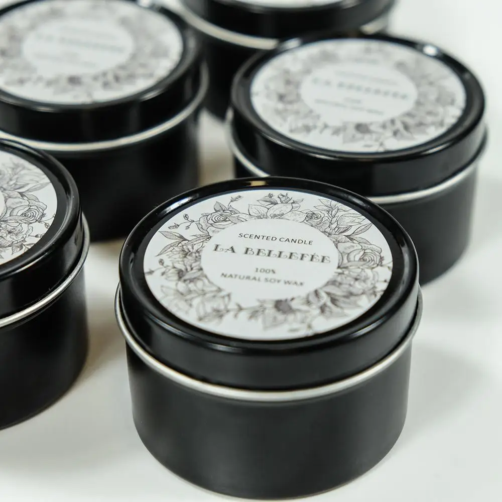 Wholesale Custom Private Label Black Tin 70g Soy Wax Wood Wick Scented Candle