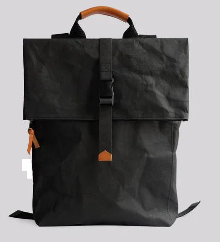 Tyvek Paper Black Rucksack Backpack, Rolltop City Travel Urban Bicycle daypack Eco Friendly Backpack kraft paper bag