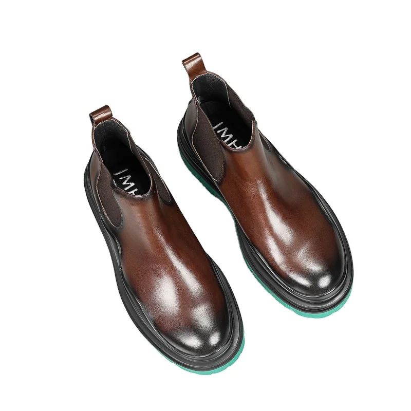 Европейский для мужчин & #039; Невысокий массивный каблук; Кожаные ботинки черного цвета обувь с высоким берцем и на высокой платформе; Туфли с круглым носком, на толстой подошве, из воловьей кожи, блок