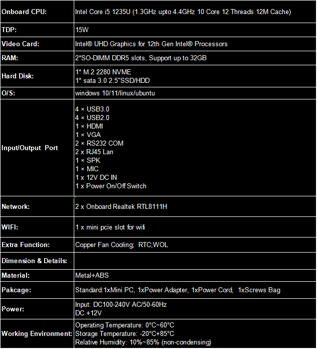 12th Gen Fanless Industrial support DDR5 i5-1235U embedded mini pc HD+VGA MI 2*COM 2*LAN  support 4G Industrial pc