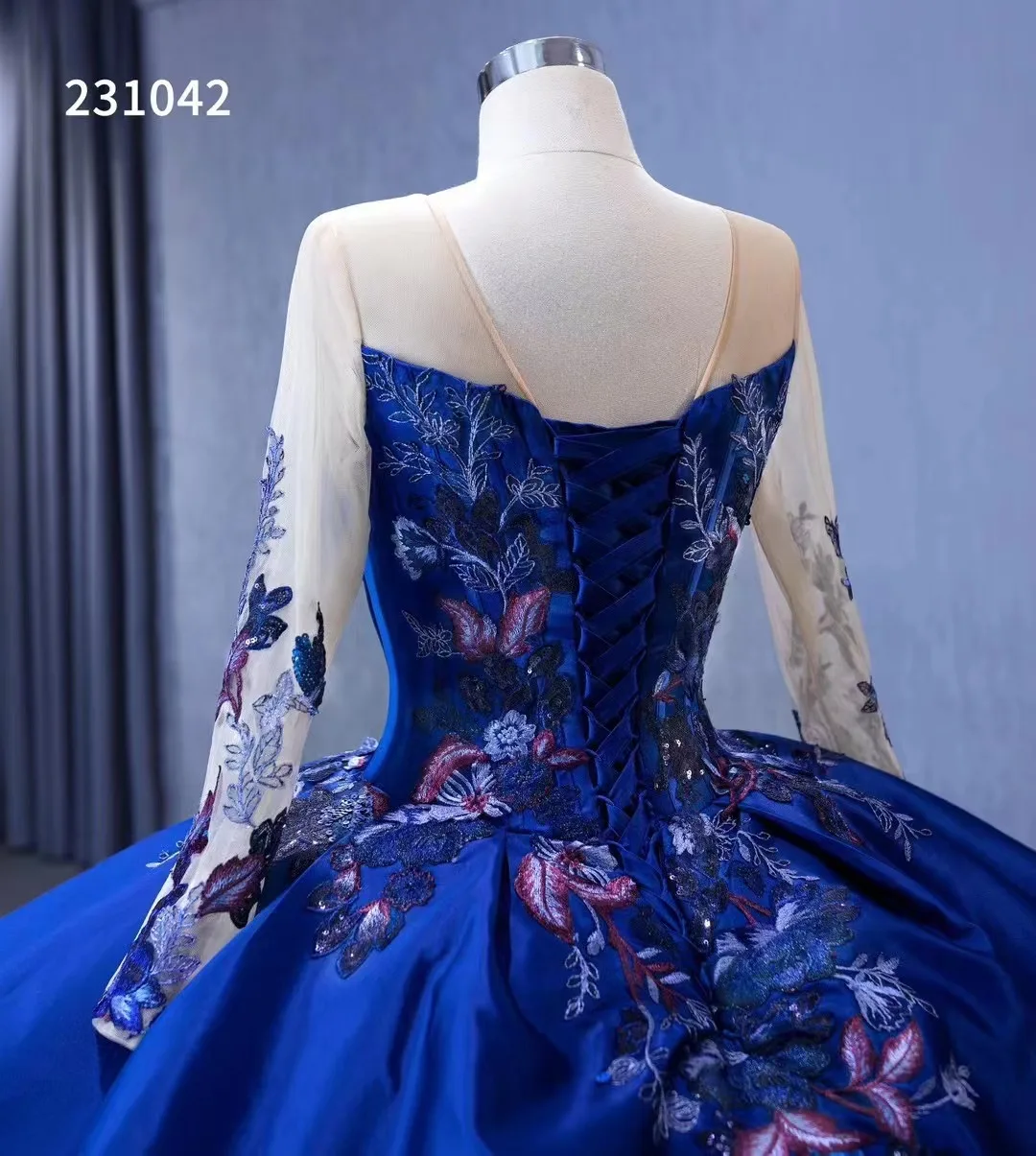 Feishiluo Wholesale  Muslim Full Sleeves Royal  Blue  bridal ballgown  luxury Fluffy wedding dresses  Custom Made