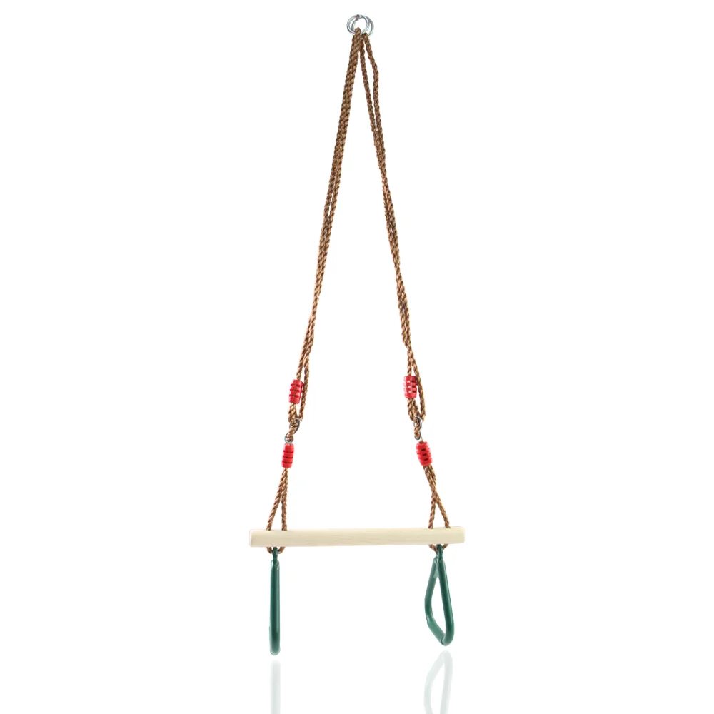 Kids Wooden Trapeze Tree Hanging Swing Monkey Bar Swing Baby Swing Seat With Plastic Gym Rings For Backyard Outdoor
