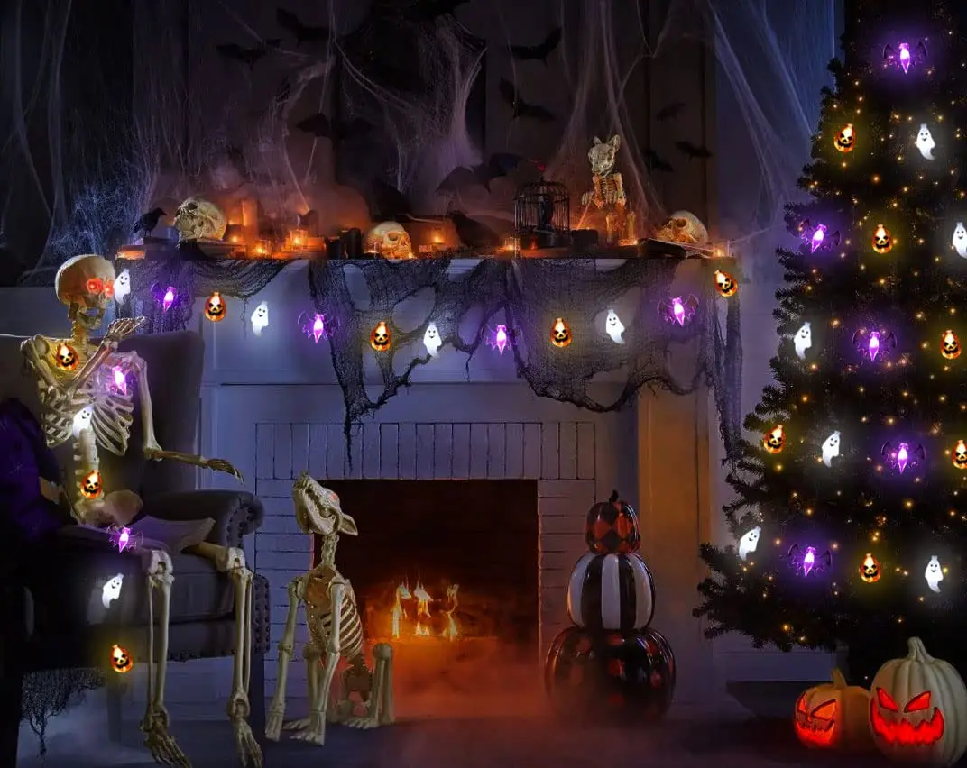 8 Lighting Modes Fairy Battery Operated Halloween Pumpkin Bat Ghost String Lights for Home Door Window Porch Party Decoration