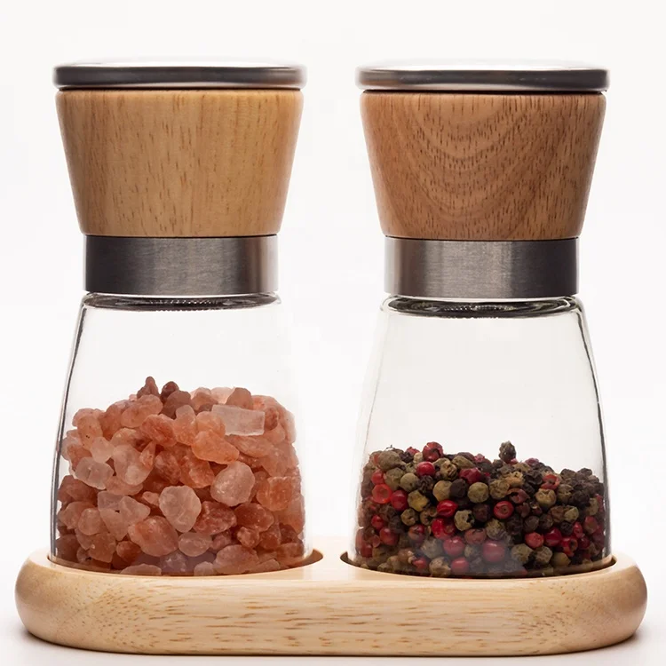 Alibaba Supplier Clear Glass Pepper Bottle with Manual Grinder Lid Spice MILLS Bamboo Wood Salt and Pepper Grinder Set of 2