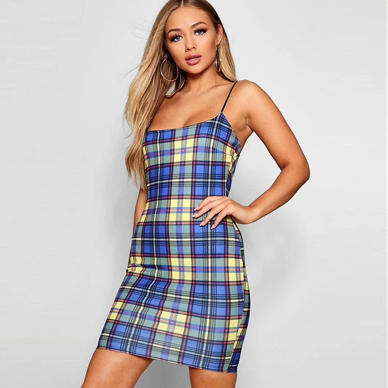 New Arrivals Summer Cute Party Club Women Casual Backless Shoulder Strap Patchwork Gingham Mini Dress