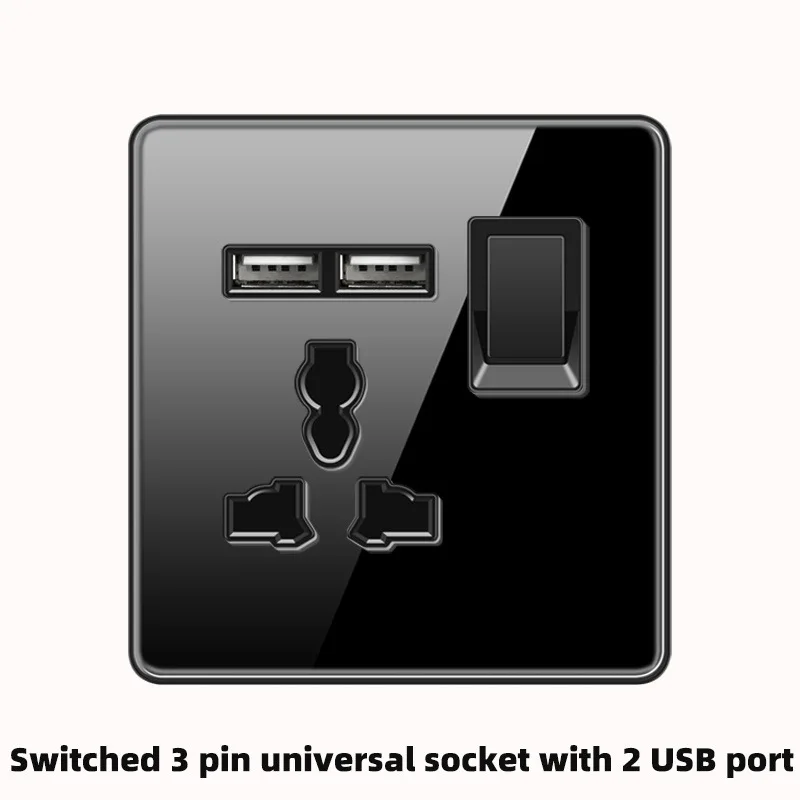 Kaisi 3pin universal with 1gang switch and usb A 5V 2.1A 13A  type-c glass panel wall socket switch