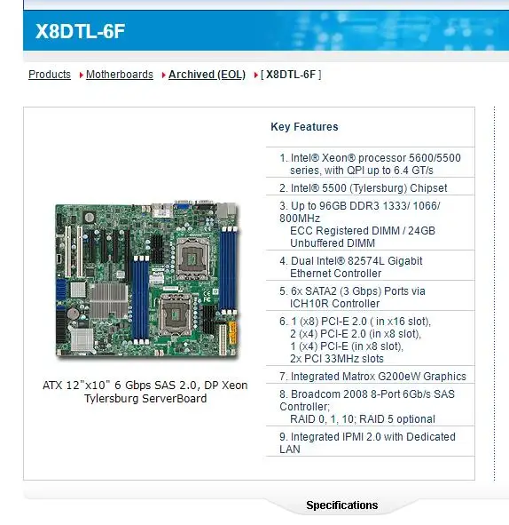 X8DTL-6F для материнской платы Supermicro процессор Xeon 5600/5500 серии DDR3 SATA2 PCI-E 2 0 интегрированный IPMI