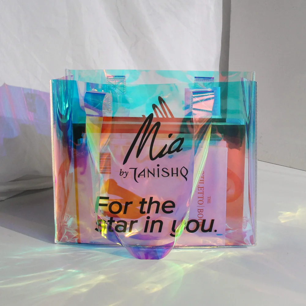 Fashion Women Clear Cosmetic Tote Bag Waterproof Pvc TPU Holographic Jelly Bag Shopper Ladies Shoulder Shopping Plastic Bag