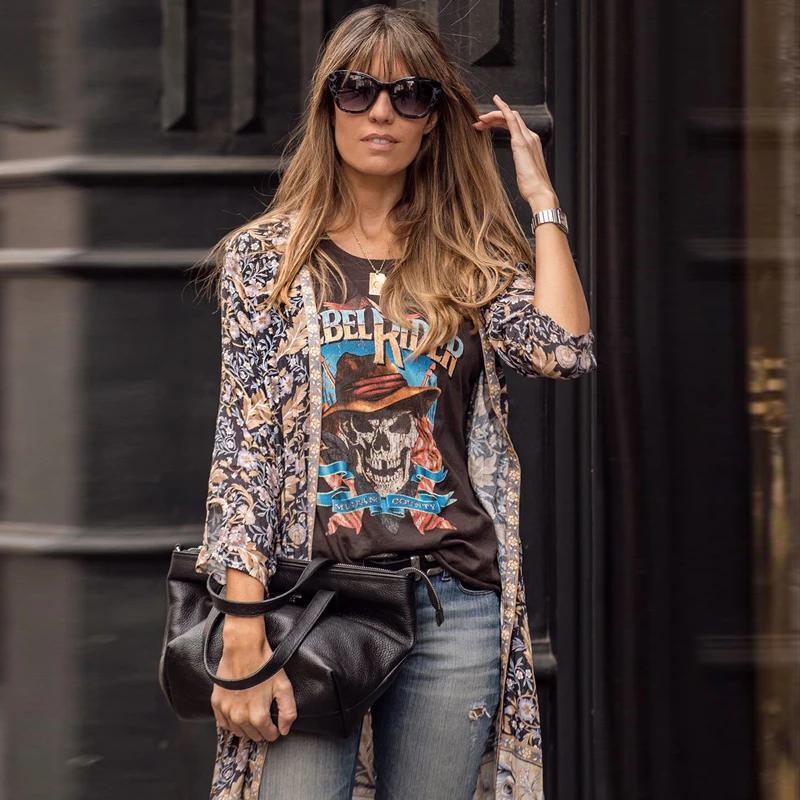 Bohemia vacation two piece suit T-shirt Rayon Cotton Lady Floral printed V-neck Sleeve Long Slim Maxi cardigan