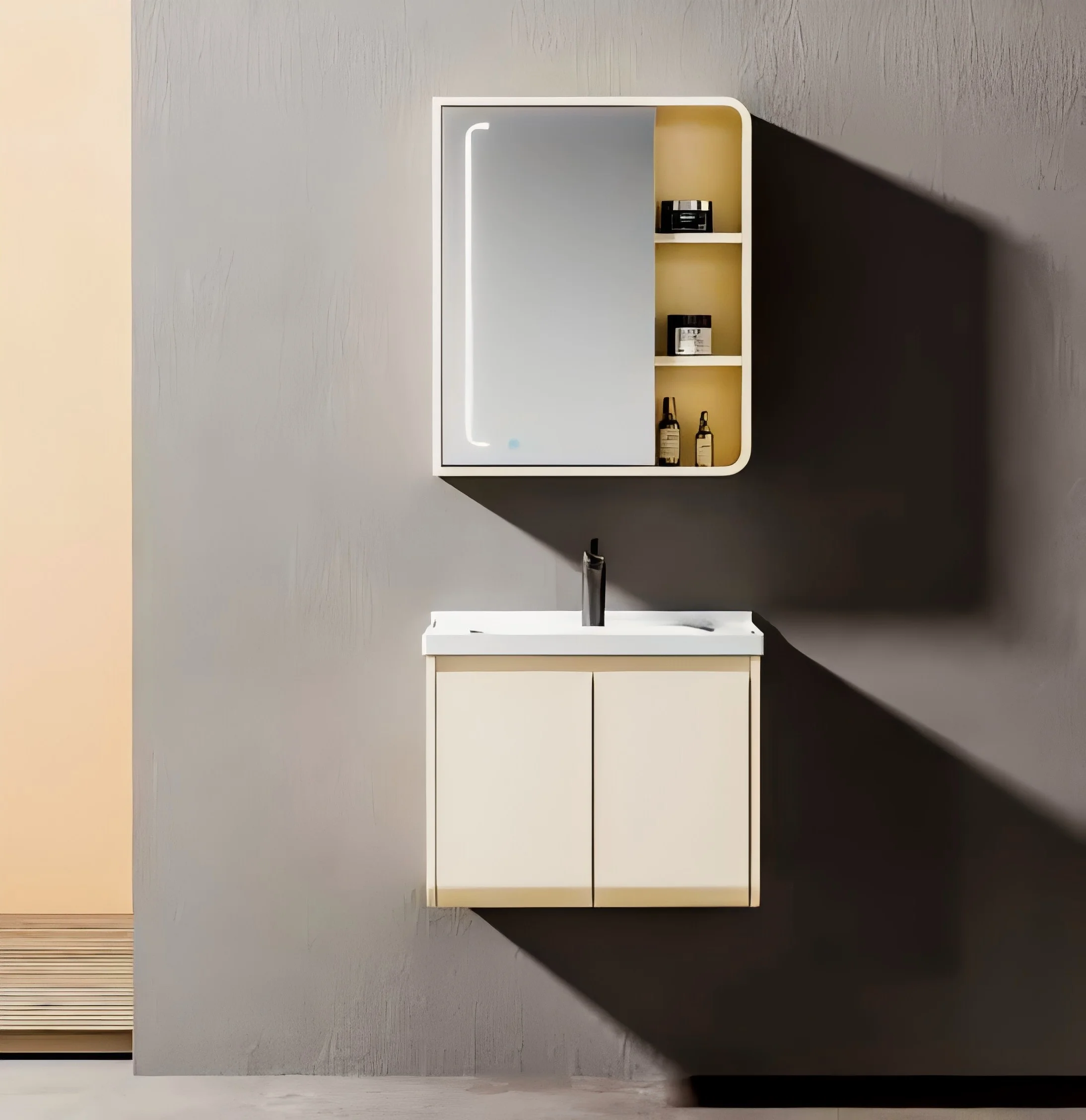 Solid Wood Lacquered Creme Fraiche Bathroom Cabinet Smart LED Mirror Large Ceramic Wash Basin High-Temperature Resistant