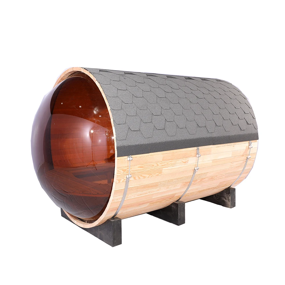 Outdoor Spruce Barrel Sauna With Panoramic Window And Steam Room For 6 persons