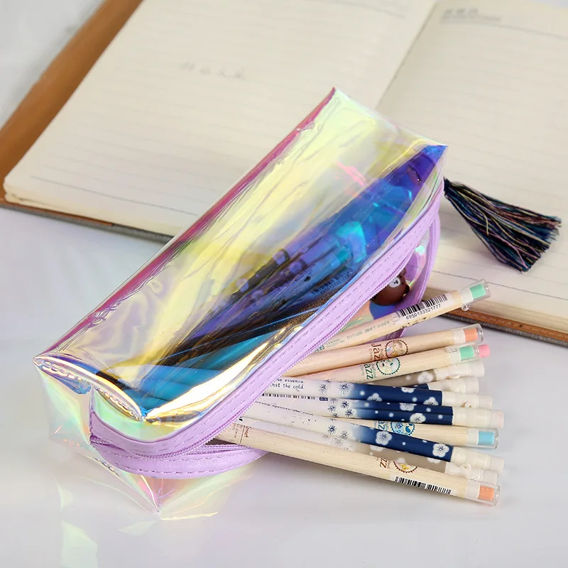 Custom Waterproof School Stationery Office Pencil Case Zipper Pen Pouch Women Travel Holographic Iridescent PVC Cosmetic Bag