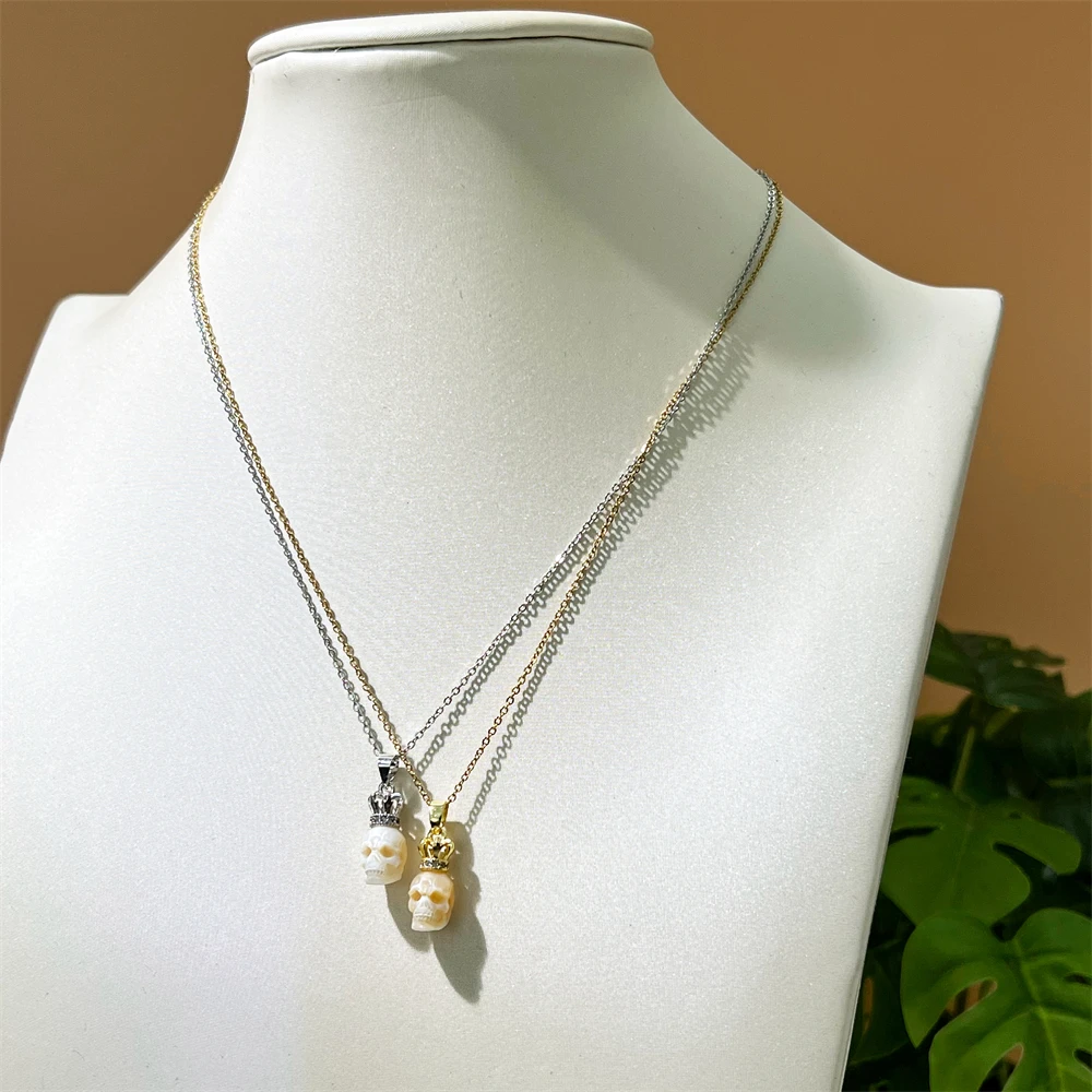 Carved Real Natural Fresh Water Pearl Necklace Silver Gold Plated CZ Crown Pendant Skull Head Pearl Necklace for Christmas Gifts