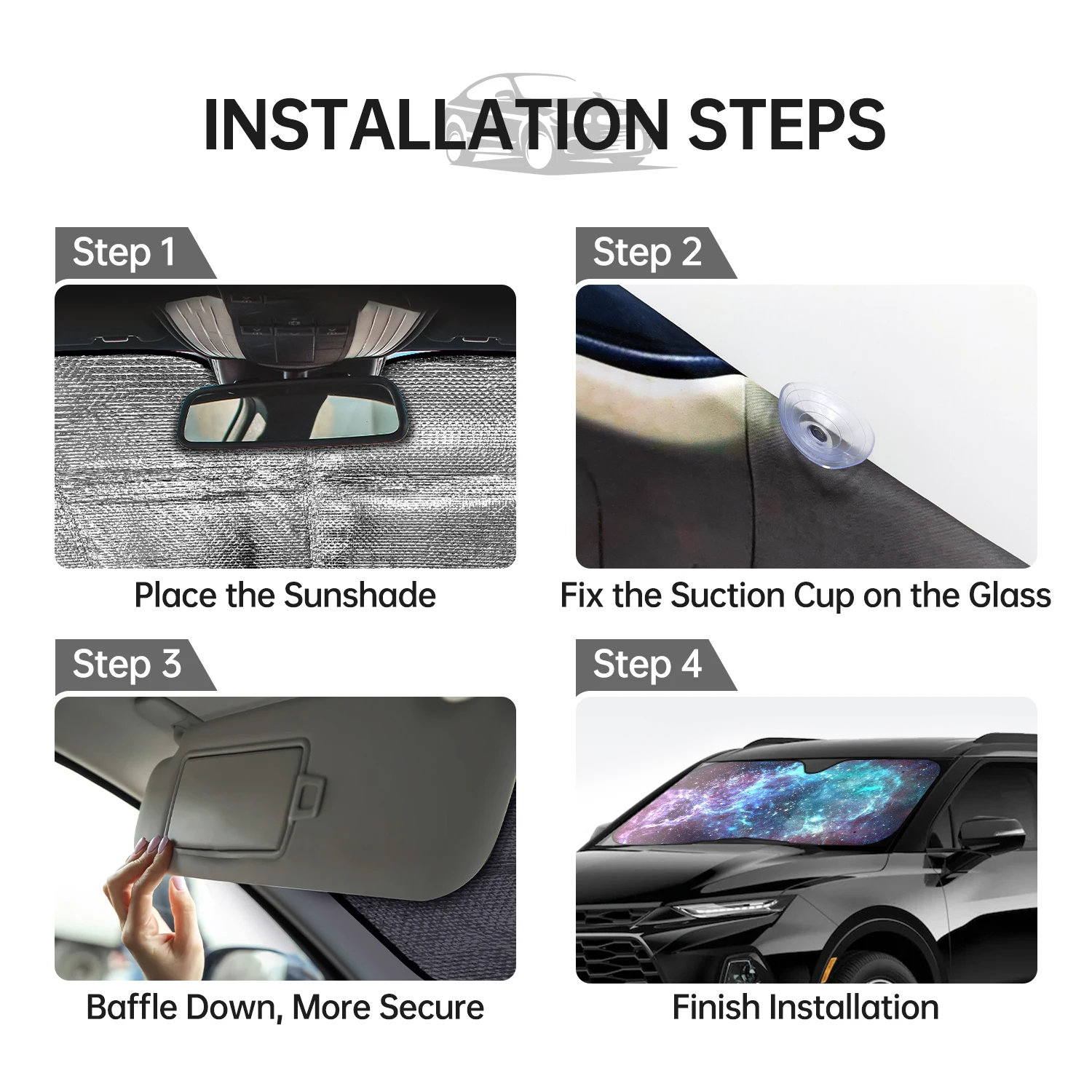 Galaxy Space Car Sun Shade for Windshield with 4 Free Suction Cups Front Window Sunshade Blocks UV Rays Starry Sky