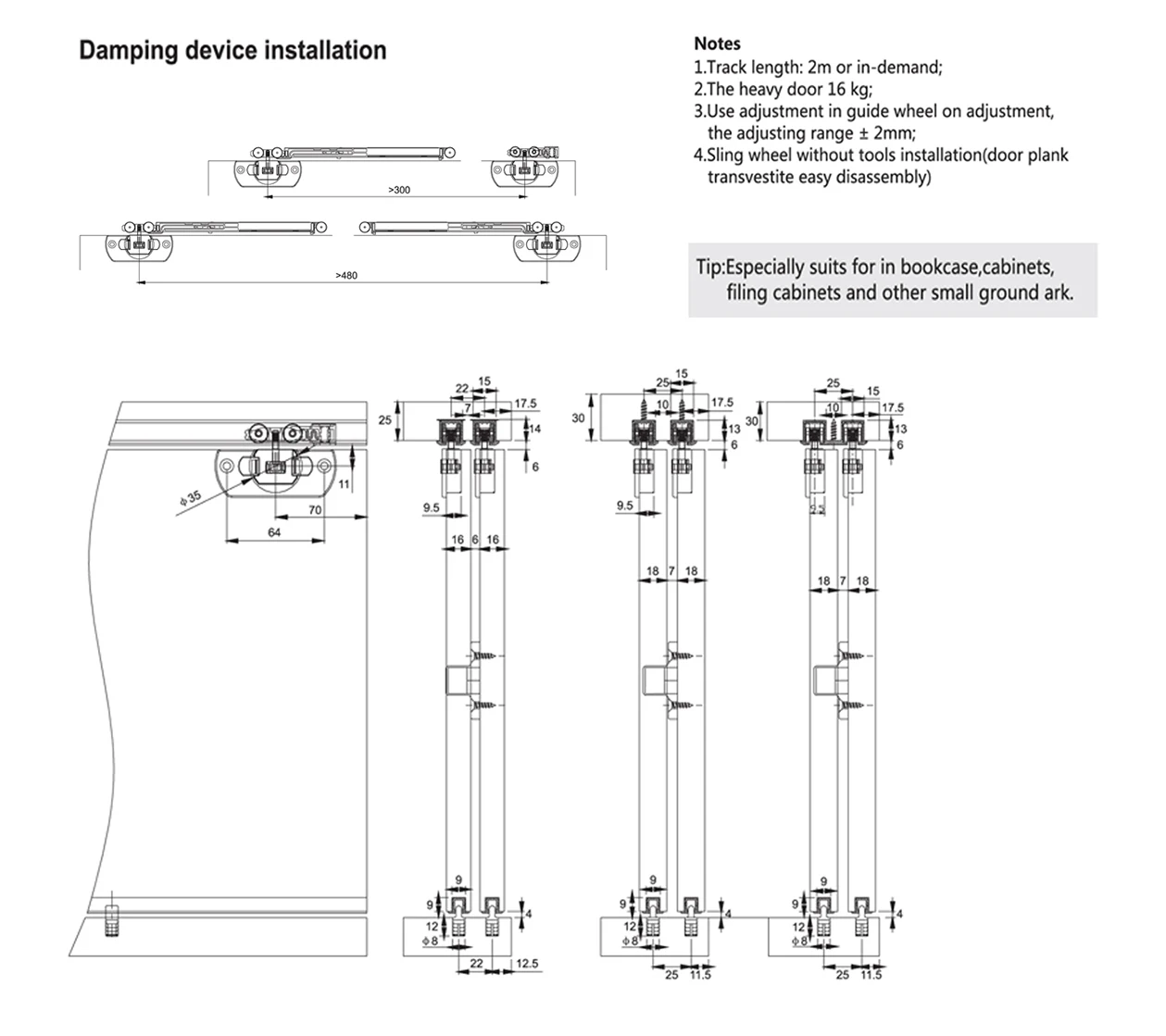 TMO3 light type inner hanging sliding door fittings for small cabinet