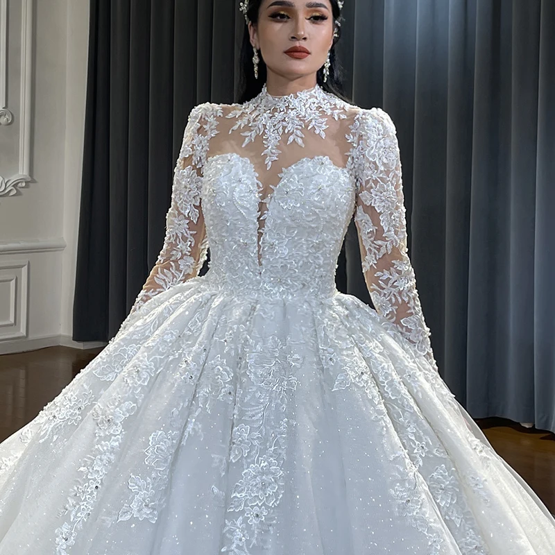 Jancember NS4484 Illusion Beautiful Luxury Ball Gown High Neck Bridal Wedding Dresses