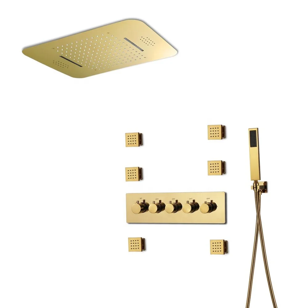 
ceiling 58*38cm rain and waterfall LED music shower head brass thermostatic main body bathroom gold shower faucet set 