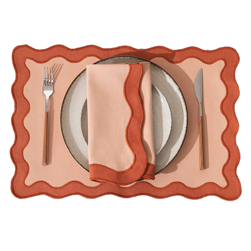 Scalloped Edge Pure Linen Napkin Cloth with Embroidered Letters Hotel Dining Table Linen Napkins for Home Use