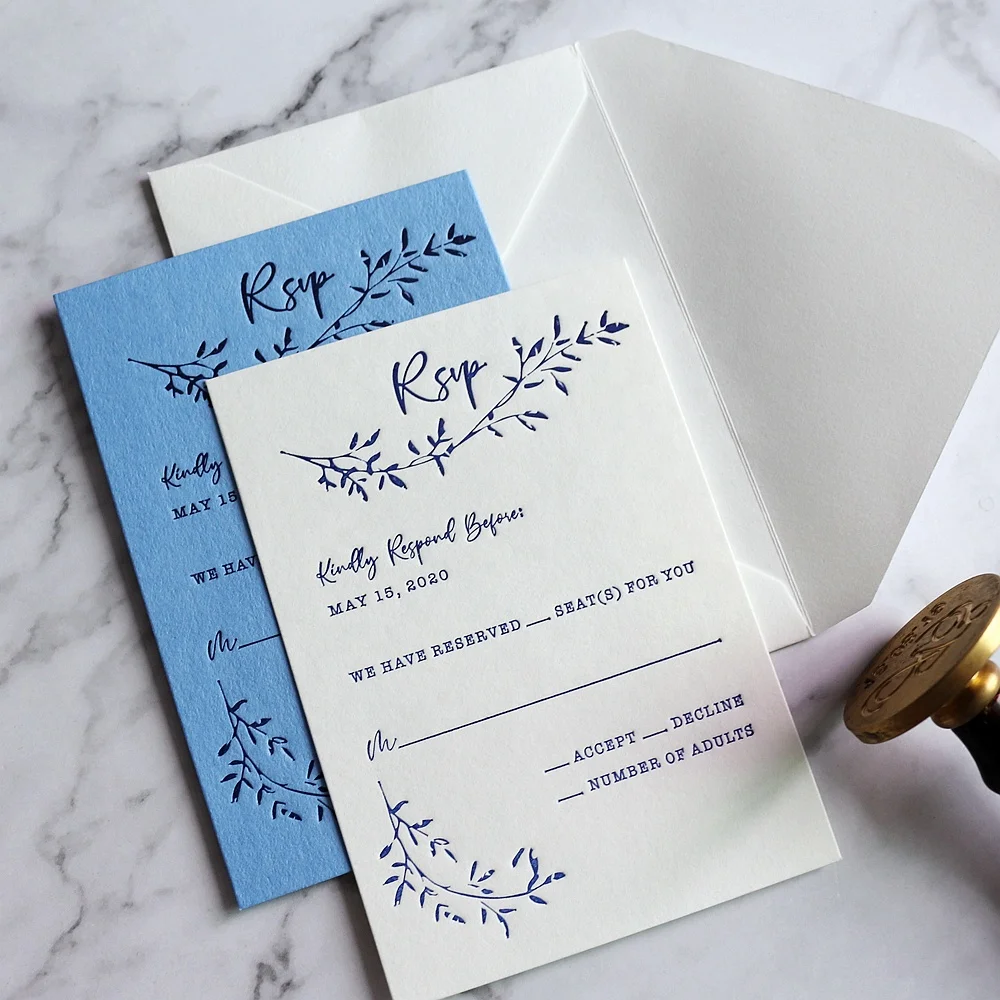 Rustic Design Cotton Paper Cards Gold Foil and Letterpress Wedding Invitations With Wax Seal and RSVP Cards
