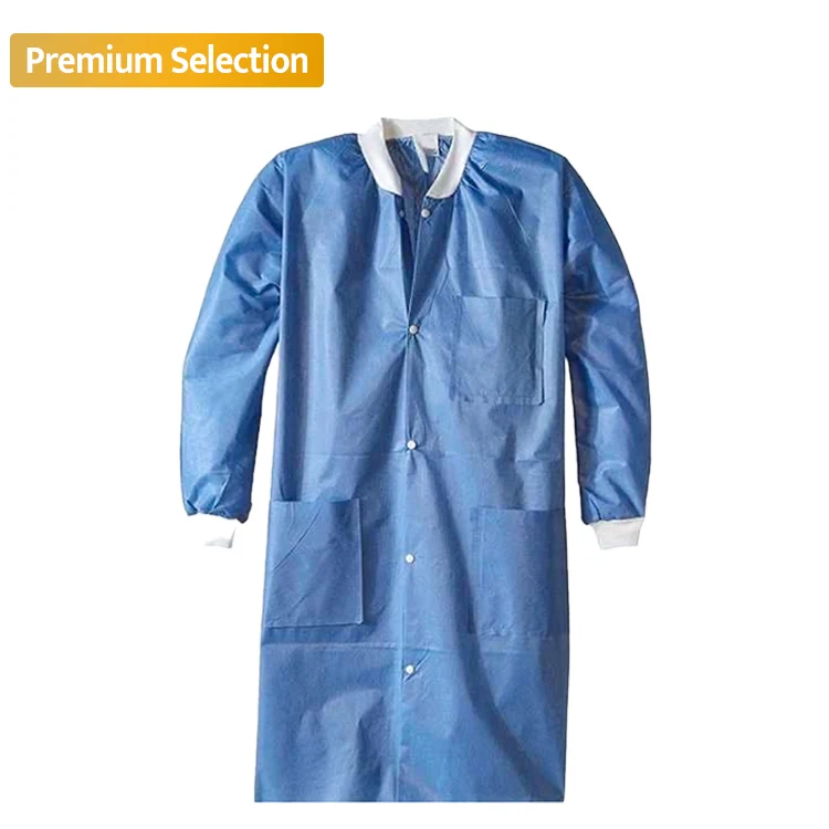 
disposable rib/knit/elastic cuff white/blue SMS PP wholesale lab coat with snap buttons uniforms reorders to the USA market 