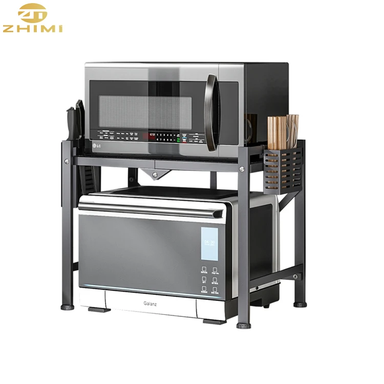 2-tier Black Kitchen Storage Rack Spice Holders Folding Type Carbon Steel Microwave Oven Stand
