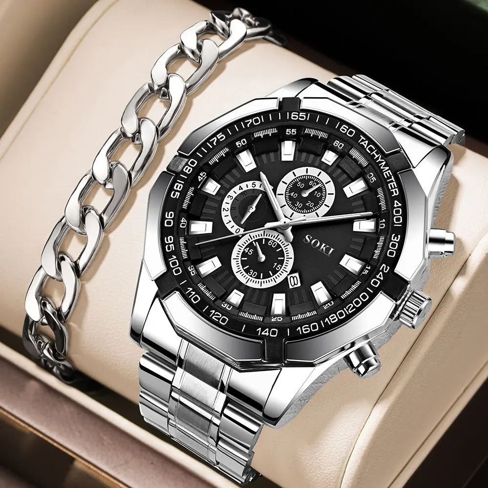 Men Business Casual Watch Fashion Mens Stainless Steel Watches Luxury Quartz Wristwatch Calendar Date Bracelet Set