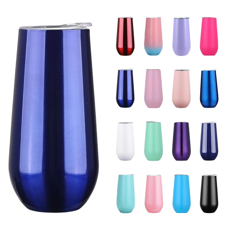 Wholesale Chfirmagne 6oz Wine mugs gift tumbler double wall stainless steel vacuum insulated stemless wine glass tumbler