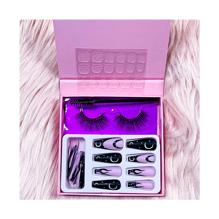 New Arrival Matte Pink Eyelash Packaging Free Sample Women Luxury Press on Nails and Fake Faux Mink Eyelashes Lash Set