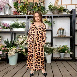 Western And Middle East OEM Customize Leopard Print Muslim Dress Jalabiya Mother-daughter Eid Al Fitr Modern Muslim Women Dress