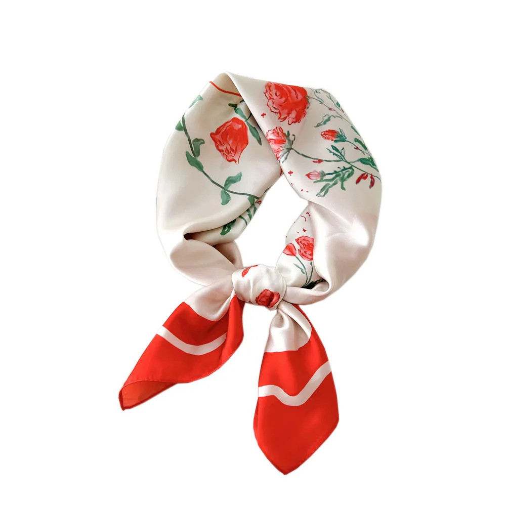 Bandana Custom square Satin Head Luxury Brand Flower Leaves Print on Silk Scarf Digital Printing Scarf for Women Silk Scarf