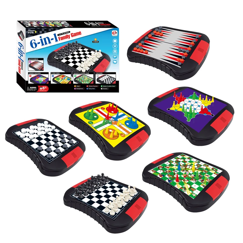 Chess Board Game Pieces Storage Chess Checkers Backgammon 6-In-1 Board Games Plastic Chess Sets For Adults And Kids
