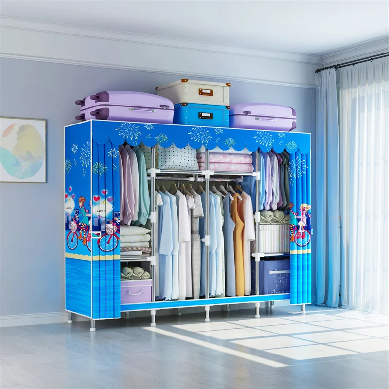 165cm Bedroom Clothes Storage Organizer Foldable Canvas Cabinet Metal Frame Portable Cloth Fabric Wardrobe Closet for Clothes