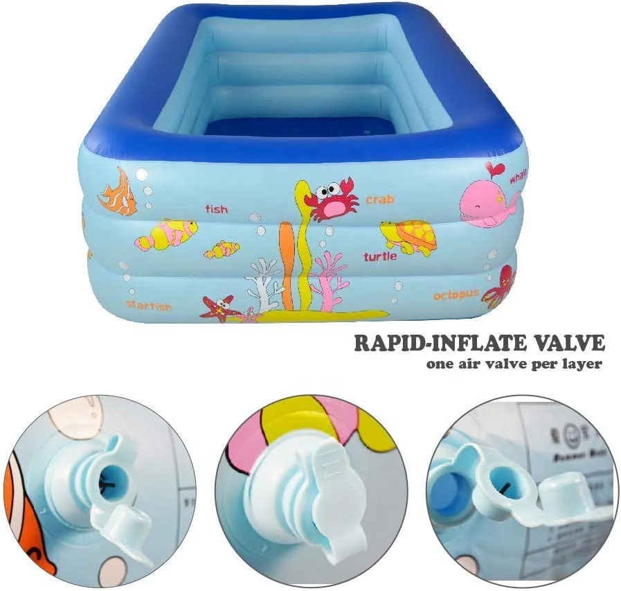 Ocean World Kids Swimming Rectangular Inflatable Pool with  Bathtub Kiddie Blow Up Pool for Kids Backyard Garden Outdoor Party