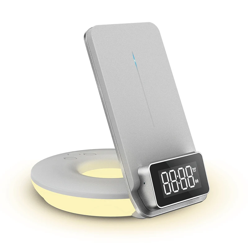 2022 Trending Products Qi Auto Alignment 3 in One Desk Lamp Wireless Charger with Alarm Clock