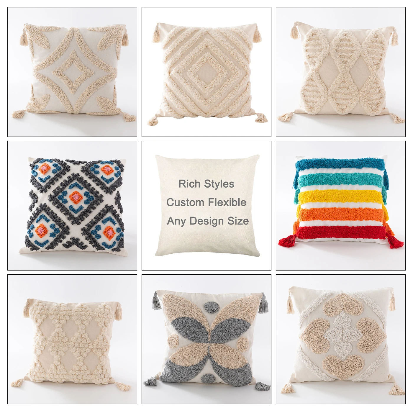 Custom Home Decor Boho Throw Pillow Cover Farmhouse Cotton Macrame Pillow Case Woven Bohemian Tufted Cushion Cover