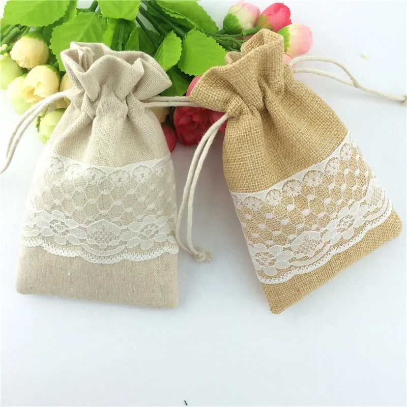 Jute pouch with lace,wedding party favor jute gift pouch,custom burlap lace drawstring bag