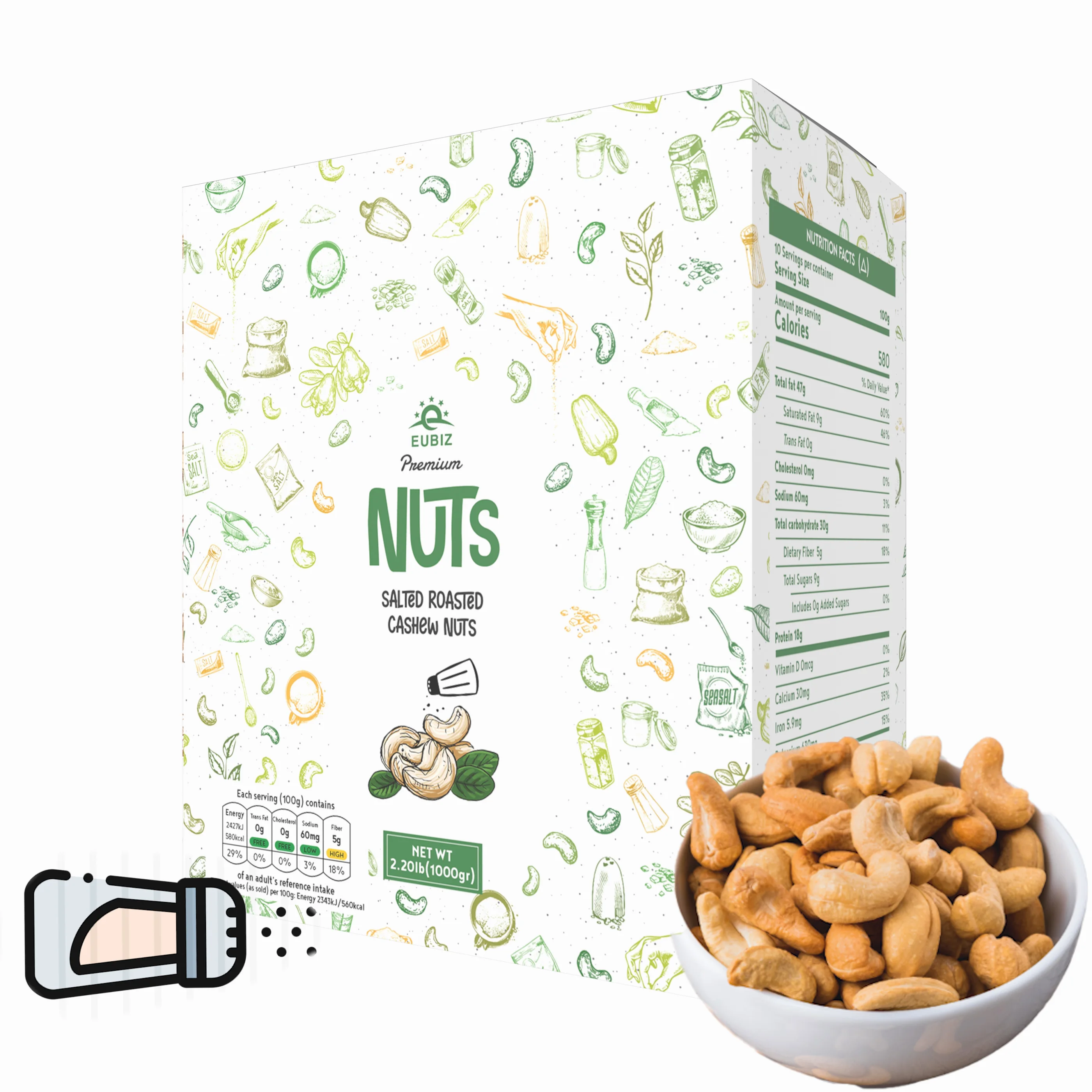 Whole Sale  EUBIZ Cashew nuts Flavor Salted Roasted -  High Quality Wholesale Cashew Nuts - Box (paper) 1000g (35.3 OZ) - VietNa