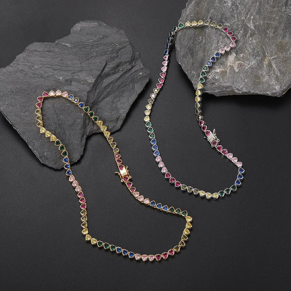Trendy 2022 Fashion Summer Hip Hop Jewelry Iced Out Diamond Bezel Setting Necklace 5mm Rainbow Heart Tennis Chains for Women Men