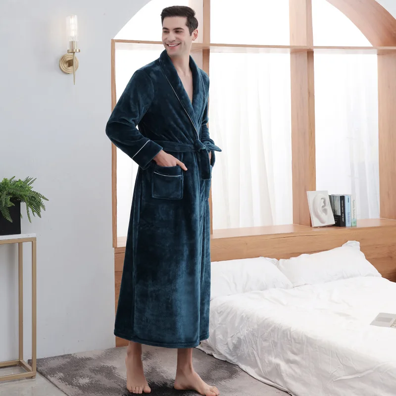 Warm Thickened Bathrobe Pockets Men Long Flannel Bath Robe