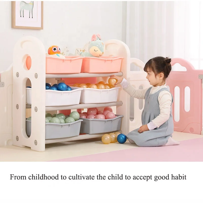 Plastic kindergarten playroom playground indoor child kids toy storage organizer shelf with boxes
