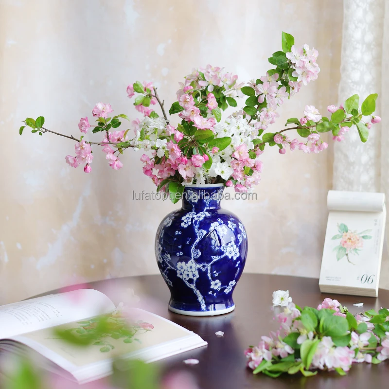 Antique Chinese Style Blue White Plum Blossoms Ceramic Temper Jar for Home Decor Tall Ginger Jar with Lid Wedding