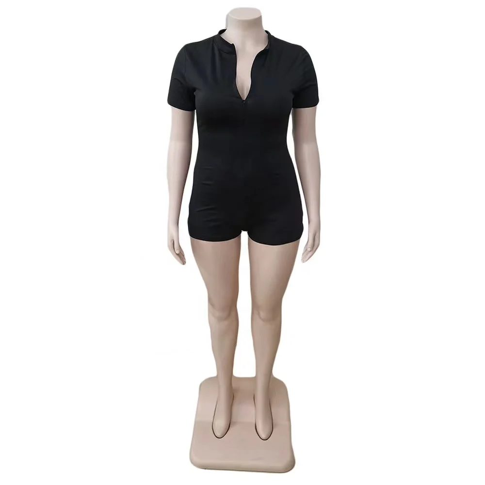 Plus size women clothing solid color zipper up jumpsuit one piece shorts rompers plus size jumpsuits for women