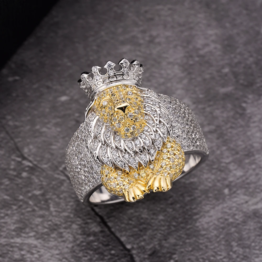 Rapper Hip Hop New Brass Clear Cz Two Tone Silver Plated Lion Ring For Men
