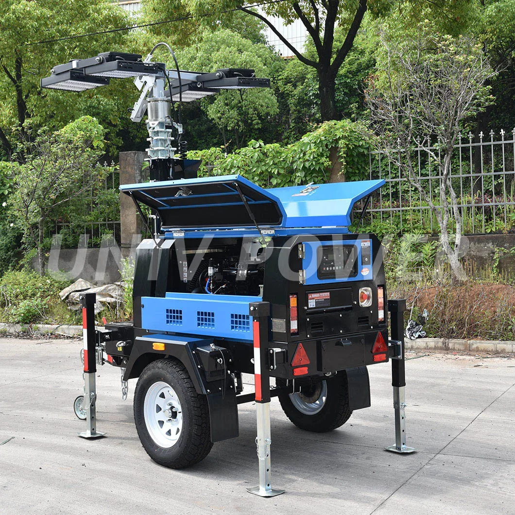 Towable diesel generator LED light tower with hydraulic mast