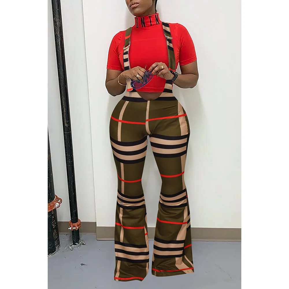 Plaid print suspenders jumpsuit Stylish slim pants zipper casual bell bottoms women grid pants