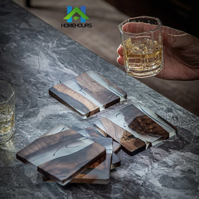 NEW square black clear epoxy resin walnut wooden coaster resin coaster for cup