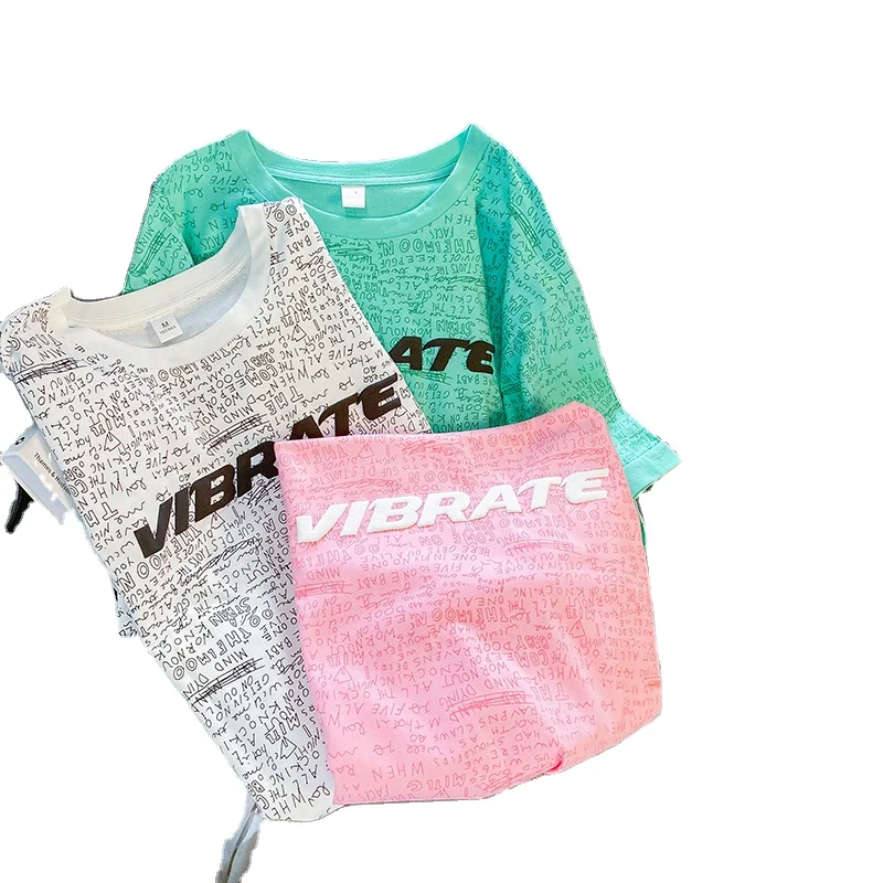 2024 Летняя женская хлопковая Футболка с круглым вырезом объемный силиконовый принт буквами большого размера Свободный Топ короткими рукавами и принтом