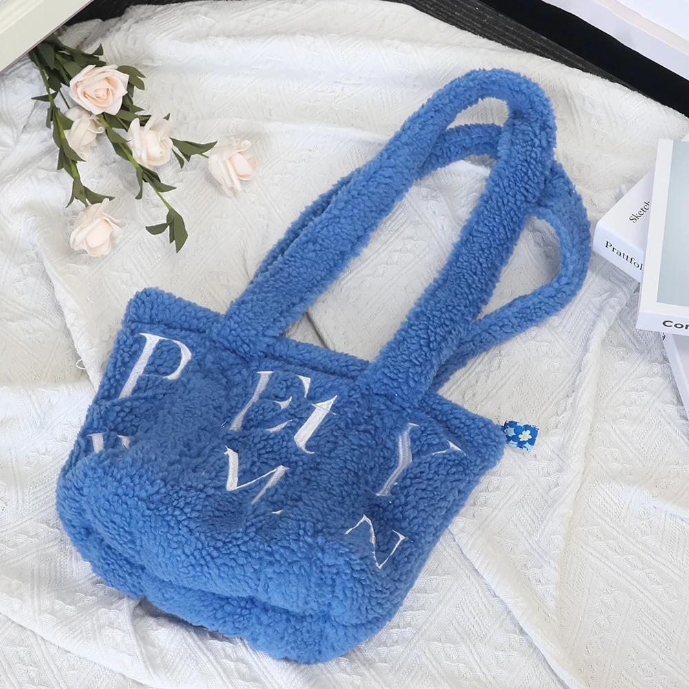 Custom Size Embroidery Logo Women Casual Navy Blue Boucle Teddy Fabric Zipper Underarm Shoulder Bag