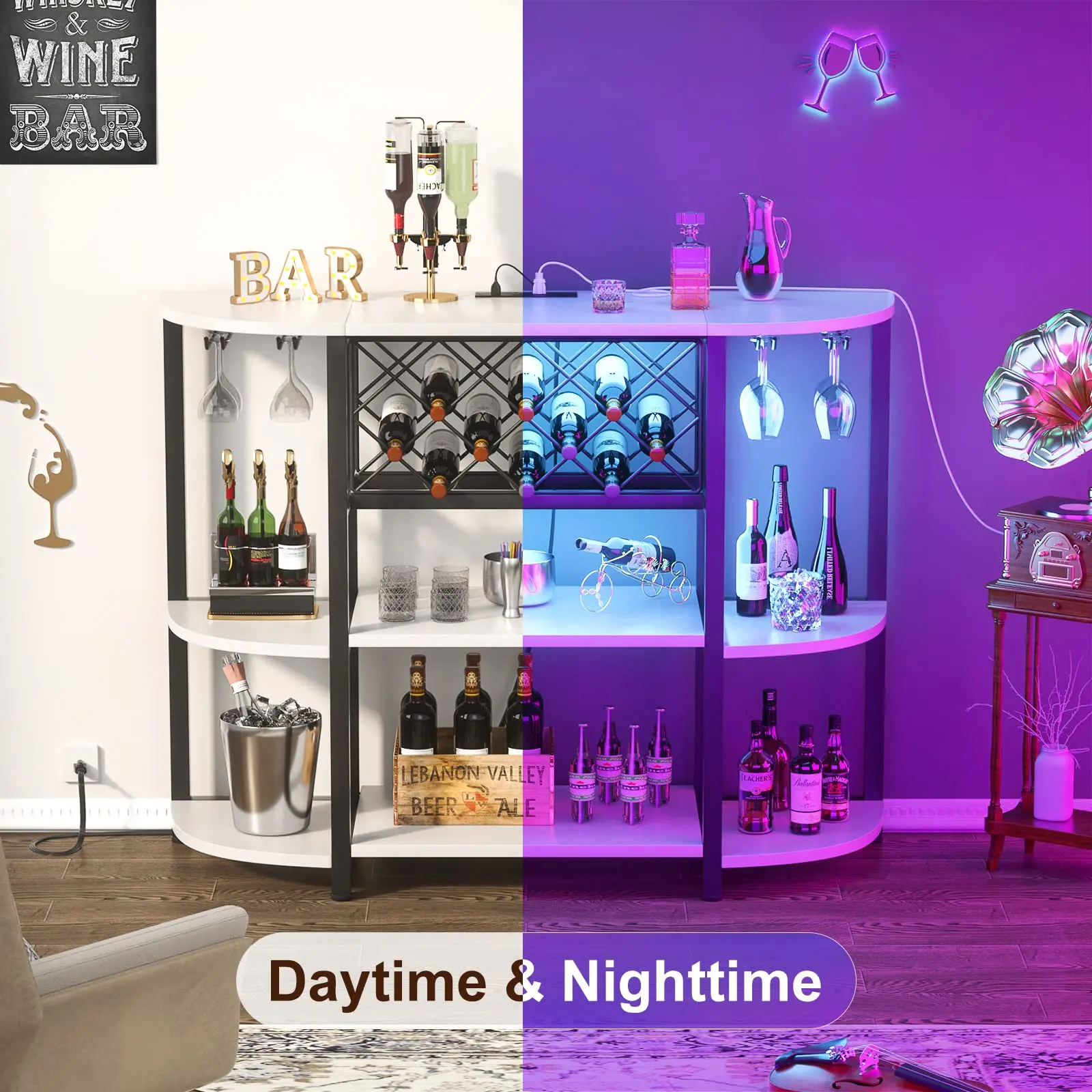 Kitchen Dining Room Freestanding Floor Table Liquor Glass Holder Wine Rack Storage 4-Tier Metal Coffee Bar Cabinet